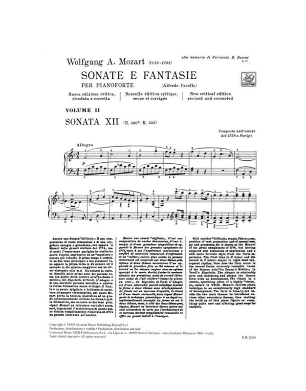 W.A.Mozart - Sonate e fantasie per pianoforte Vol. II / Ricordi editions